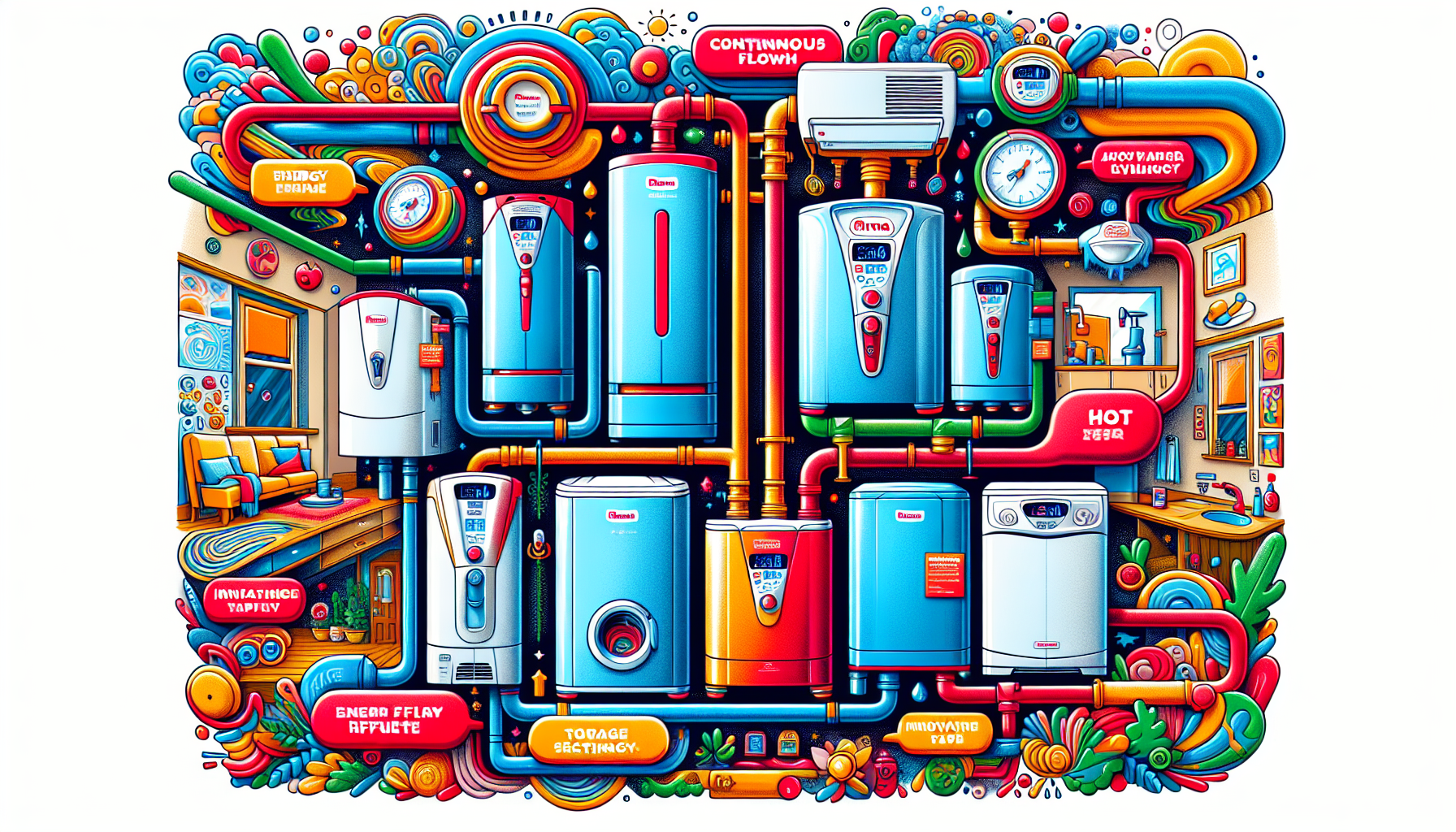 An illustration of various Rinnai hot water systems, showcasing their features.