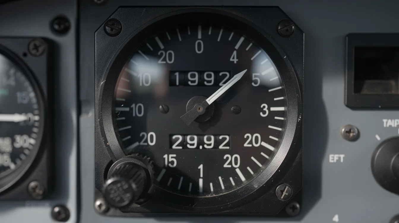 The image shows a close-up view of an aircraft altimeter instrument panel, featuring clearly displayed altitude numbers and a pressure adjustment knob. This instrument is essential for calculating pressure altitude corrected to standard atmospheric conditions, aiding pilots in determining their altitude in relation to sea level and ensuring optimal aircraft performance.