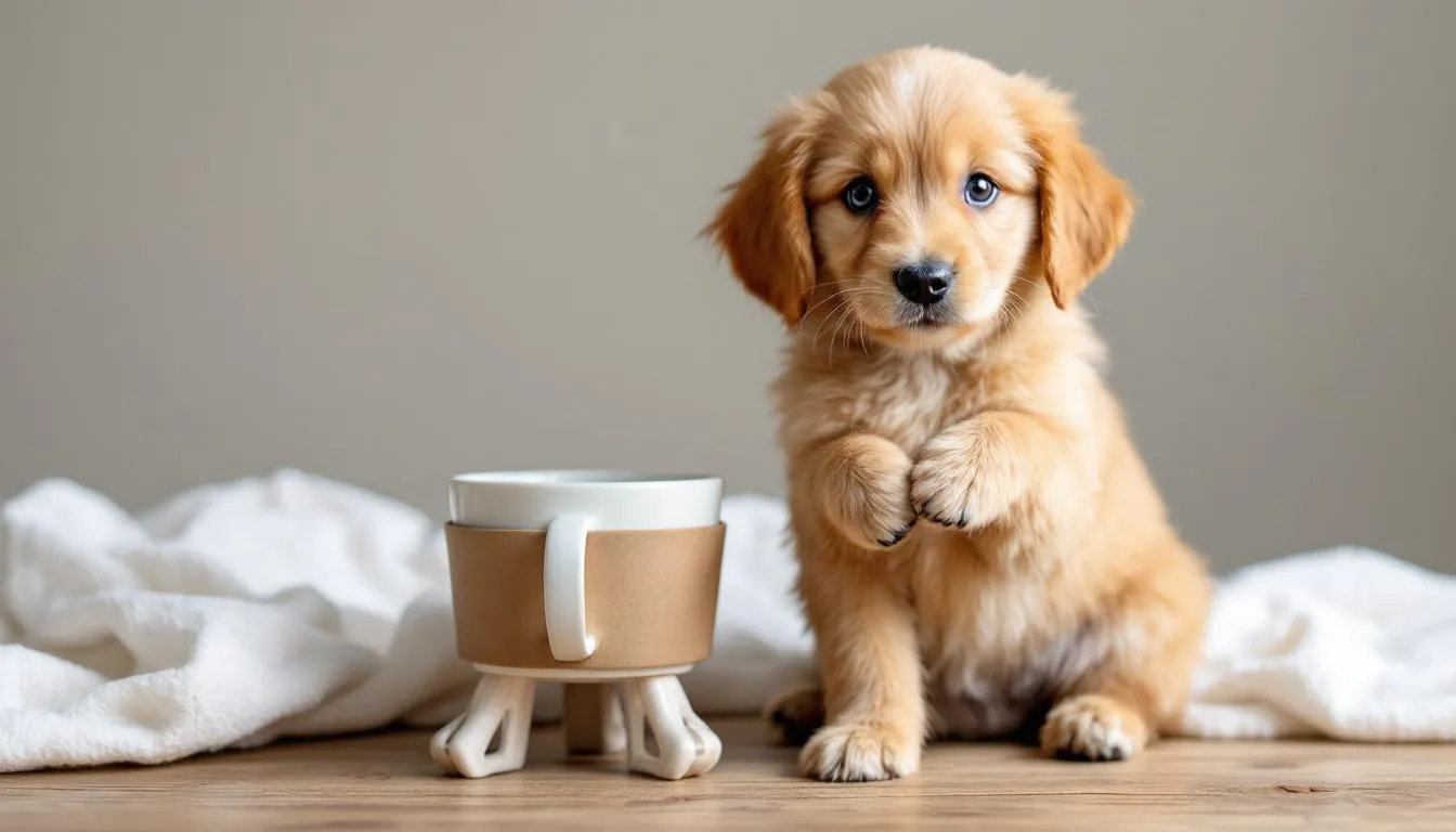 A small teacup goldendoodle puppy sits next to a coffee cup, showcasing its tiny size and adorable features. This playful puppy, with its curly hypoallergenic coat, exemplifies the affectionate nature of goldendoodle puppies, making it a perfect companion for families and individuals alike.