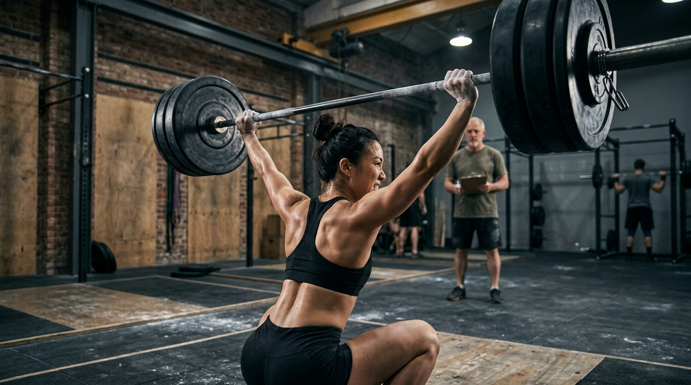 Athlete completing an overhead squat while a coach tracks her session on a clipboard