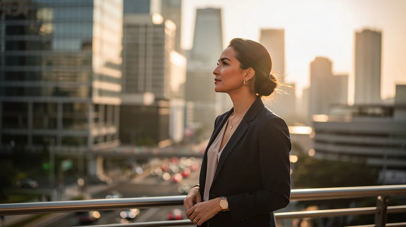 A professional woman stands in an urban setting, gazing thoughtfully toward the horizon, embodying a sense of self-reliance and emotional distance often associated with a dismissive avoidant attachment style. Her expression suggests deep contemplation, reflecting on her past relationships and the complexities of emotional connections in a fast-paced environment.