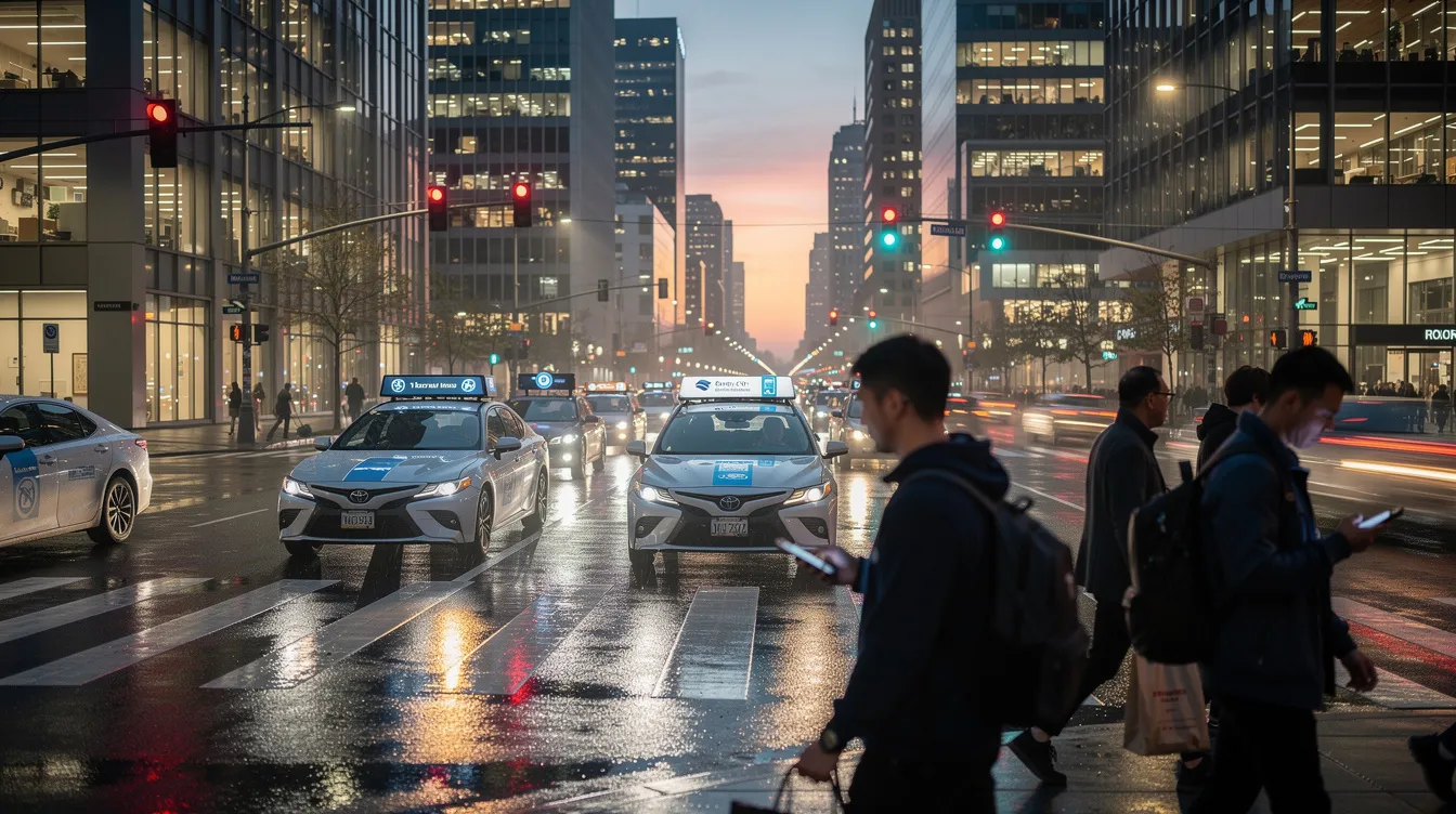 The image depicts a busy urban intersection at dusk, bustling with rideshare vehicles such as Uber and Lyft, while pedestrians navigate across the crosswalks. This scene captures the dynamic nature of downtown Albuquerque, where rideshare drivers and passengers are actively engaged in their journeys, highlighting the importance of rideshare accident lawyers in cases of potential rideshare crashes.