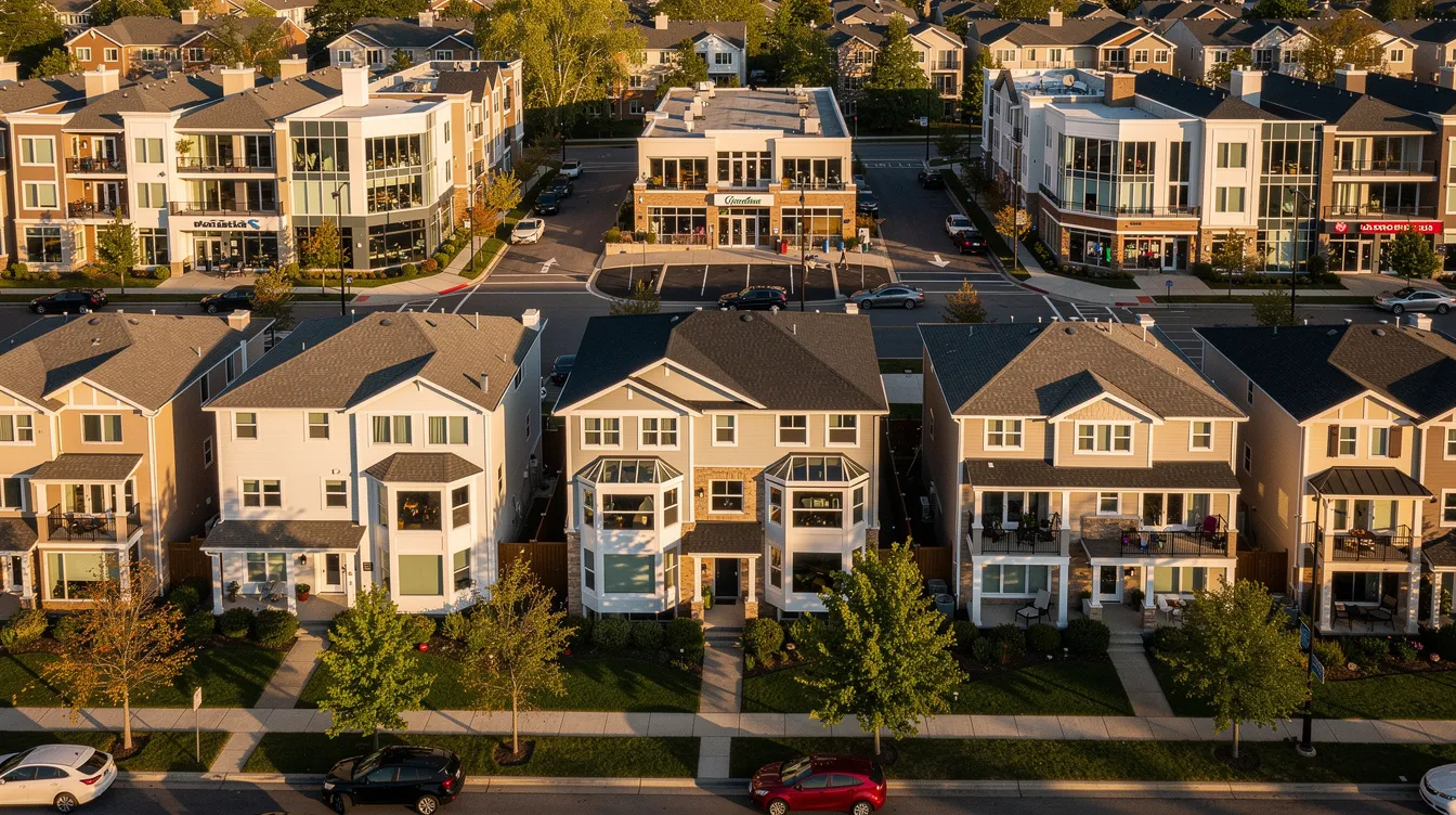 An aerial view of a suburban neighborhood showcases a blend of residential homes and small commercial buildings, highlighting potential properties that could benefit from window film and surface solutions. This image illustrates the diverse landscape where retail franchises and home-based franchises might thrive, emphasizing the importance of market analysis for prospective franchisees.