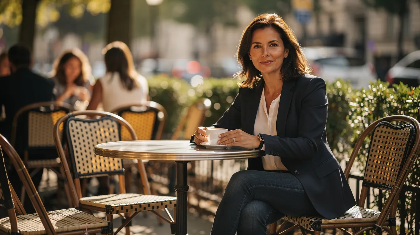 A confident woman in her 40s is sitting at an outdoor café, enjoying a nice night. She exudes self-awareness and personality, embodying the essence of someone who is looking for the right person to share her interests and adventures with.