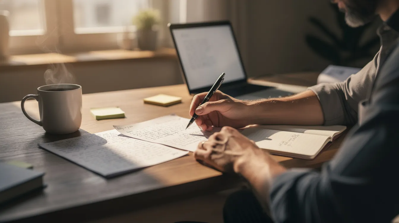 A writer is seated at a desk, surrounded by notes, a laptop, and a cup of coffee, engaged in a thoughtful analysis of their work. This scene reflects the journey of personal growth and development, showcasing the commitment to learning and the pursuit of success in their career.