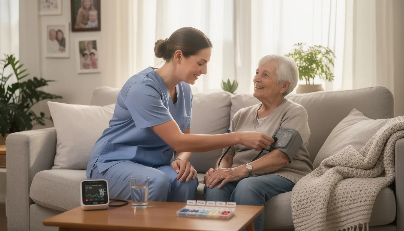 Doctor on Call in Dubai | 24/7 Home, Hotel & Office Visits by Vitals Healthcare 6 A medical professional is taking vital signs of a patient in a cozy home setting, showcasing personalized medical care and the convenience of home healthcare services. This scene highlights the importance of immediate medical assistance and the quality healthcare provided by experienced doctors in Dubai.