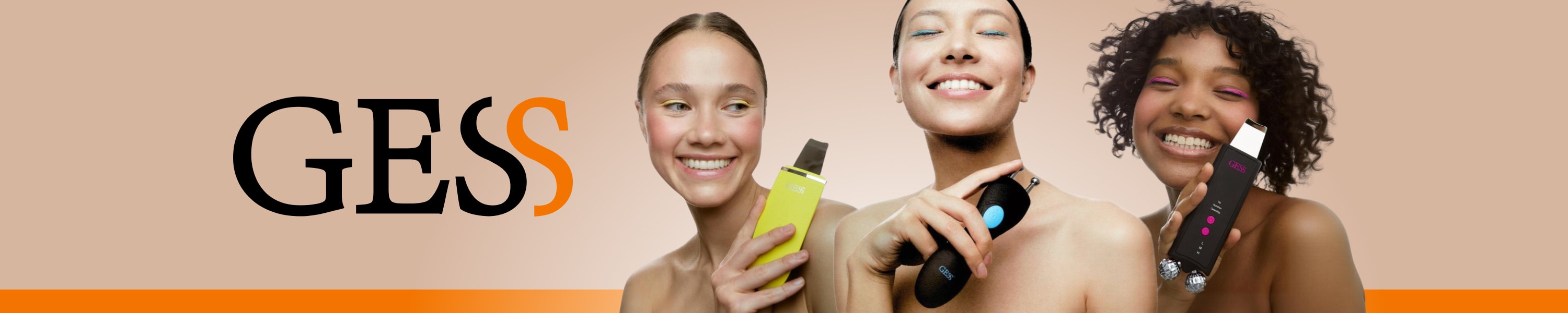 Three diverse women smiling while holding GESS skincare devices, each using a different facial tool against a peach-toned background with the GESS logo on the left. The image promotes inclusive beauty and innovative wellness technology.