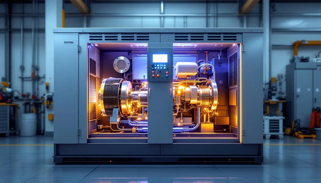 Un generador eléctrico moderno está en funcionamiento, mostrando sus componentes principales como el rotor y el estator, que trabajan juntos para transformar energía mecánica en electricidad a través de un campo magnético. Este dispositivo es esencial para la generación de corriente alterna y potencia en diversas aplicaciones industriales.