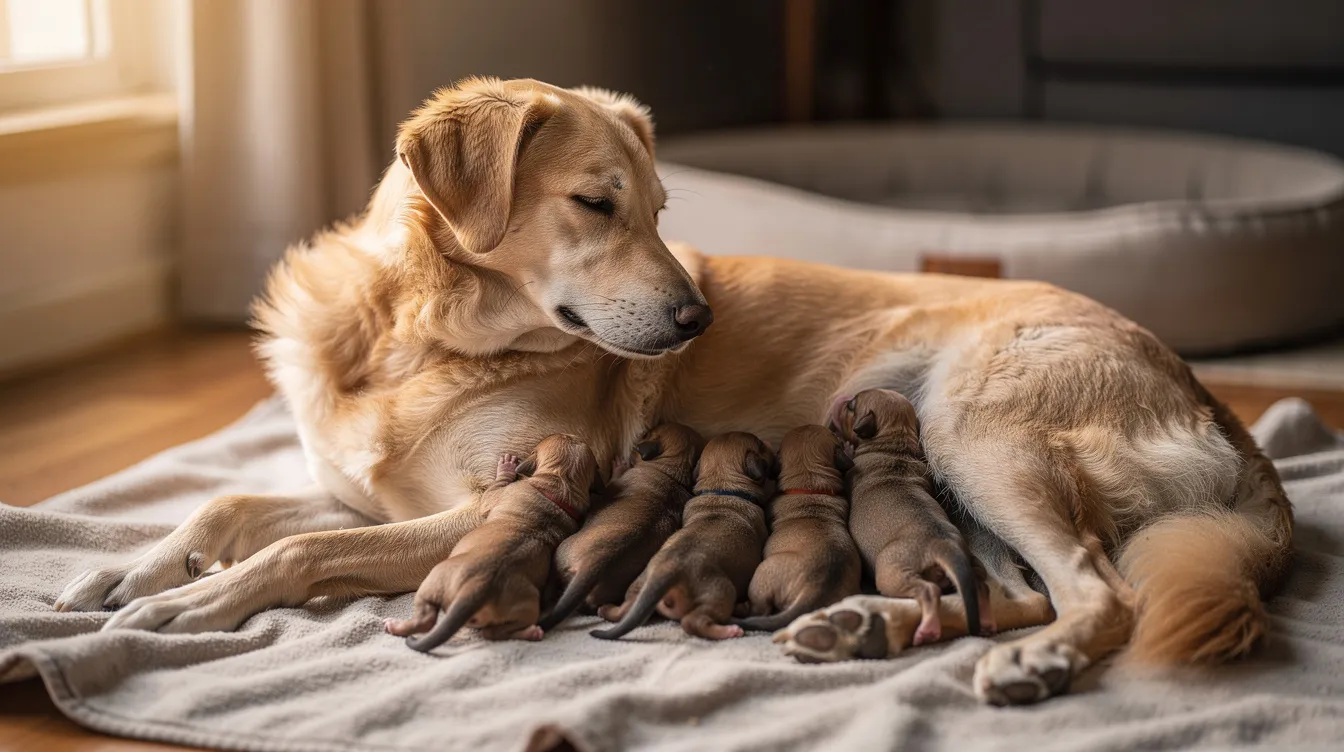 A mother dog gently nurses her adorable puppies, fostering a nurturing bond as they snuggle close to her. This heartwarming scene highlights the importance of caring for beloved pets and ensuring their safety from potential dangers, such as common dog poisons and harmful substances.