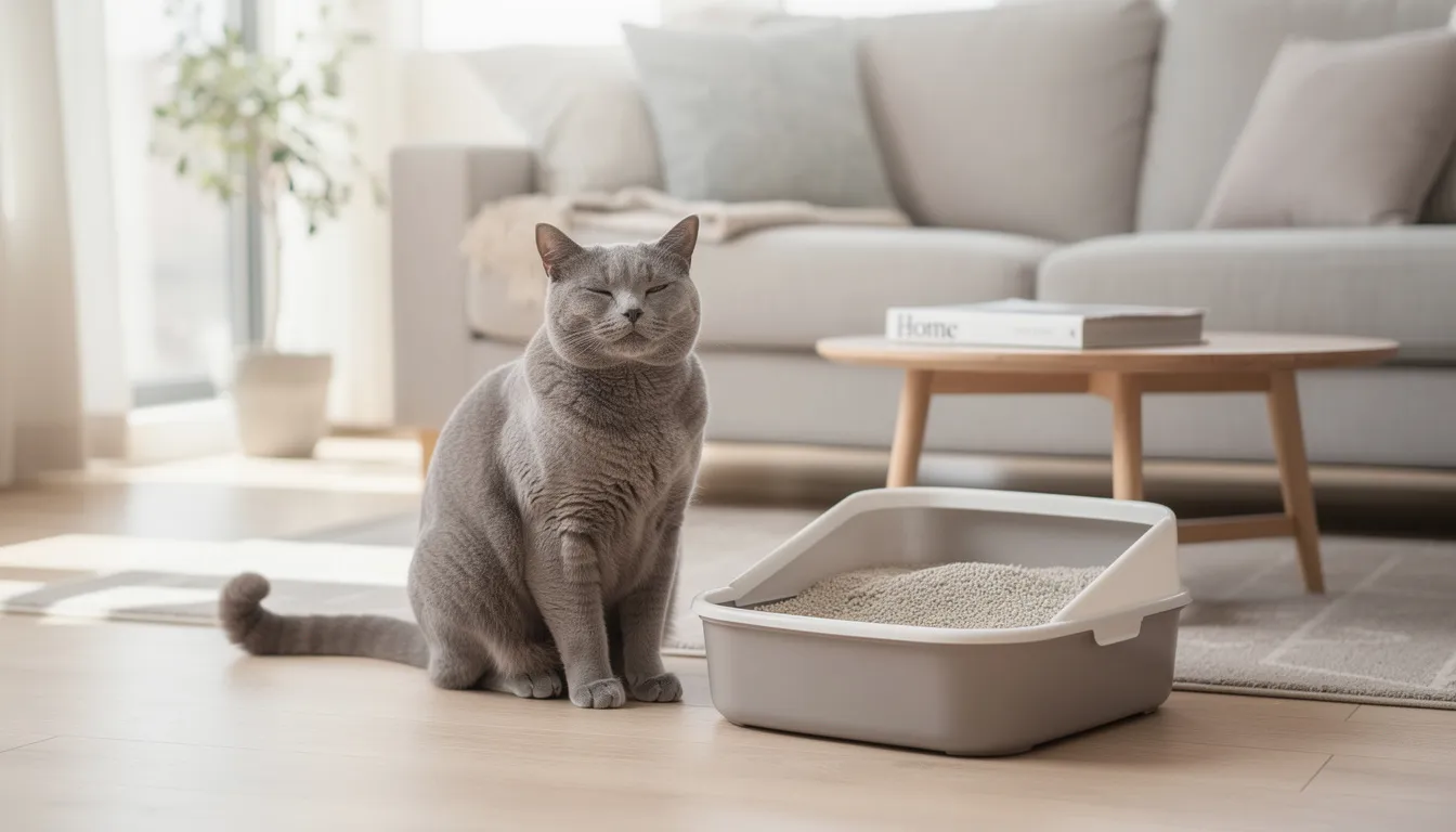 Een tevreden kat zit rustig bij een royale afgemeten kattentoilet in een lichte woonkamer, omringd door een aangename sfeer. De kattenbak is eenvoudig schoon te maken en biedt voldoende ruimte voor jouw kat, met hoge zijwanden om nare geurtjes en ongewenste uitwerpselen te voorkomen.