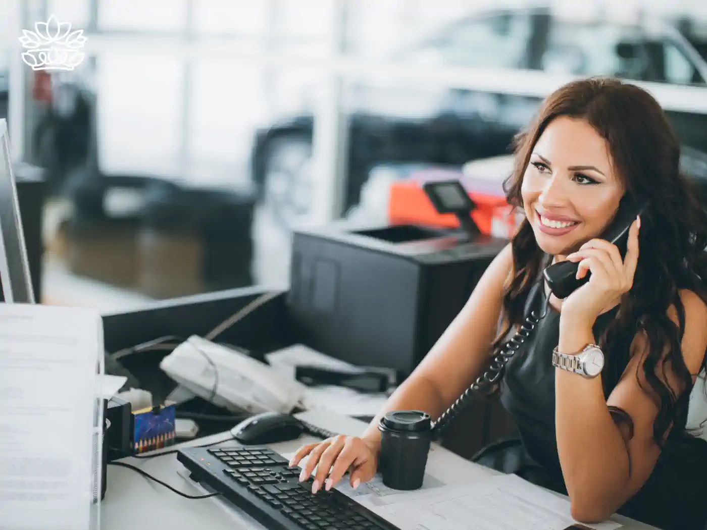 Cheerful secretary with long brunette hair engaging in a phone conversation while working at her desk in a bright automotive dealership office, exemplifying professional dedication.