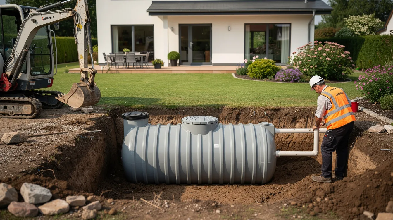 L'image montre une cuve de récupération d'eau de pluie en cours d'installation dans le sol d'un jardin résidentiel, avec des outils et de la terre autour, illustrant le projet de mise en place d'un système de stockage d'eau pour un usage domestique. Cette installation vise à optimiser la consommation d'eau potable en utilisant les ressources naturelles disponibles.