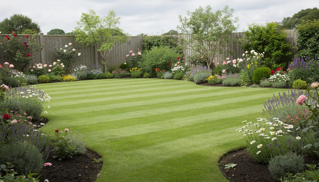 The image depicts a lush, striped green lawn in a typical UK back garden, bordered by colorful flowers. This healthy lawn showcases the benefits of regular mowing and lawn care, creating a vibrant outdoor space perfect for relaxation.
