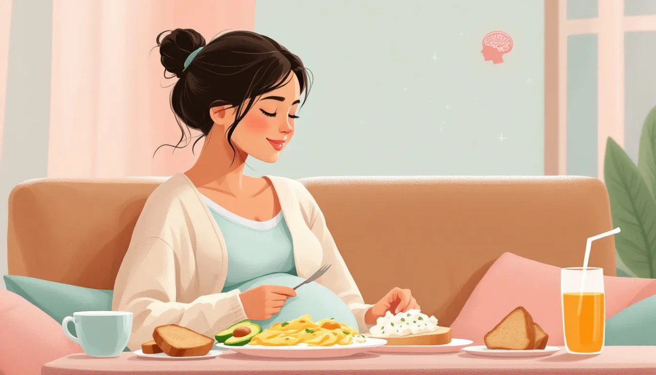 A pregnant woman enjoying a meal rich in choline, emphasizing the importance of choline during pregnancy.