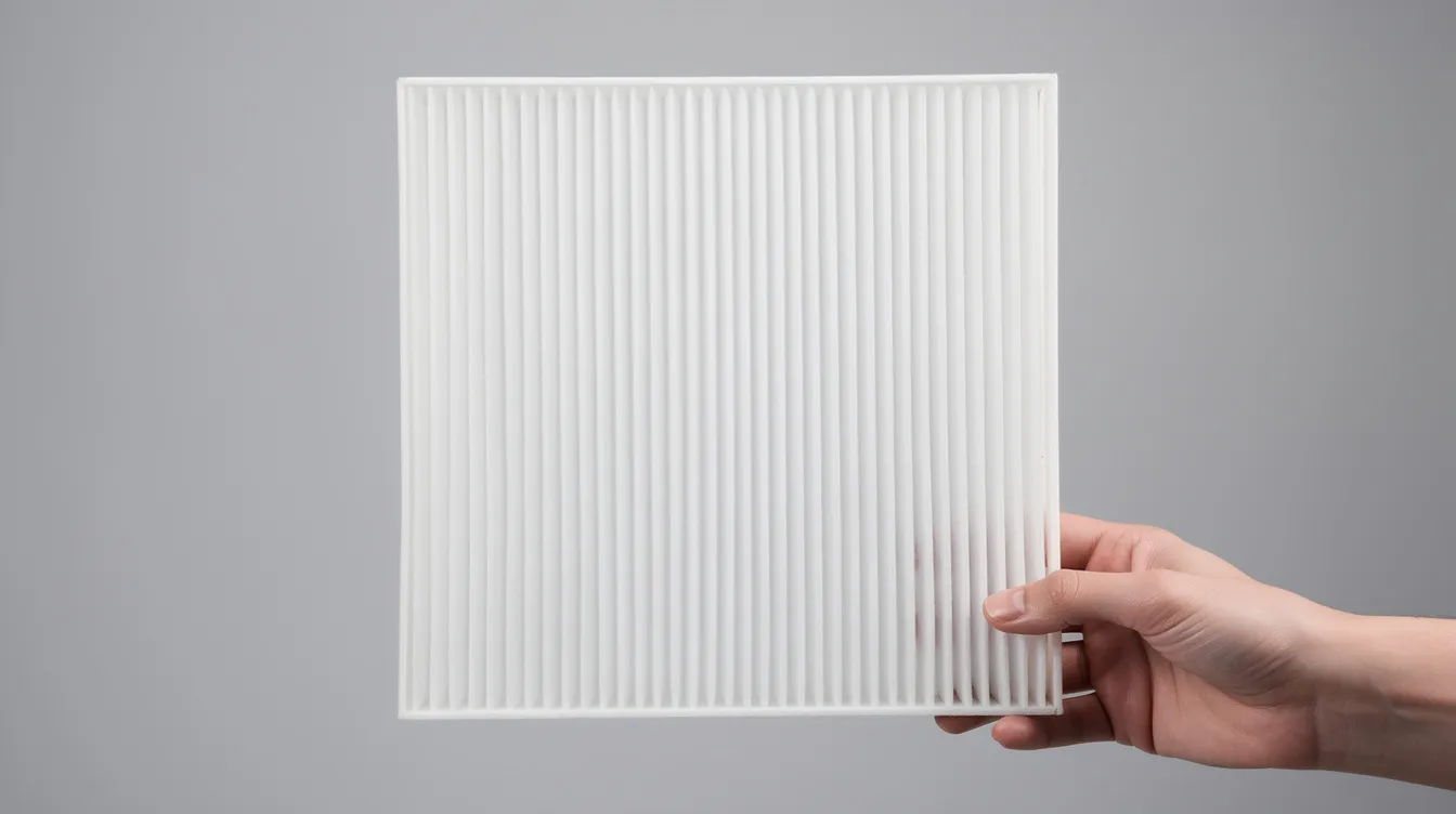 A clean white air filter is being held up for inspection, showcasing its pristine condition, which is essential for maintaining indoor air quality in air conditioning systems. Regular checks like this help ensure the efficiency and performance of HVAC systems, contributing to better energy savings and overall comfort.
