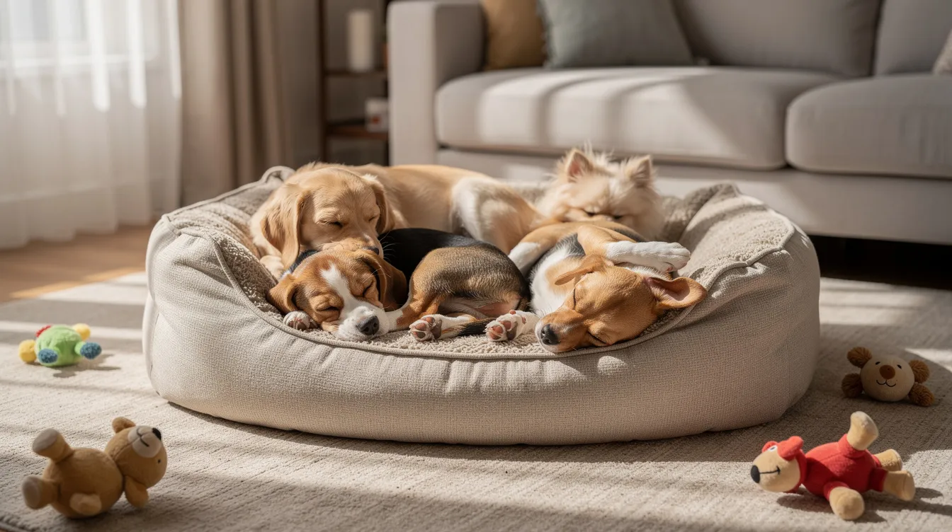 A cozy puppy is peacefully sleeping on a soft dog bed, surrounded by a quiet and comfortable environment, illustrating the importance of adequate puppy sleep for healthy growth and development. The scene captures the essence of a puppy nap, emphasizing the need for rest in their daily routine.
