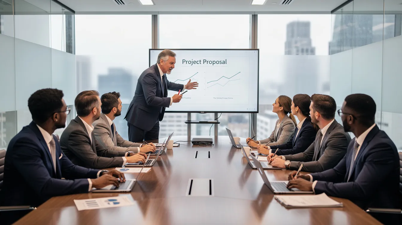 L'image montre une réunion professionnelle où plusieurs dirigeants discutent d'une proposition autour d'une table de conférence. Cette scène illustre le processus de vente B2B, mettant en avant l'importance des étapes clés pour améliorer les performances commerciales et optimiser le taux de conversion des leads.