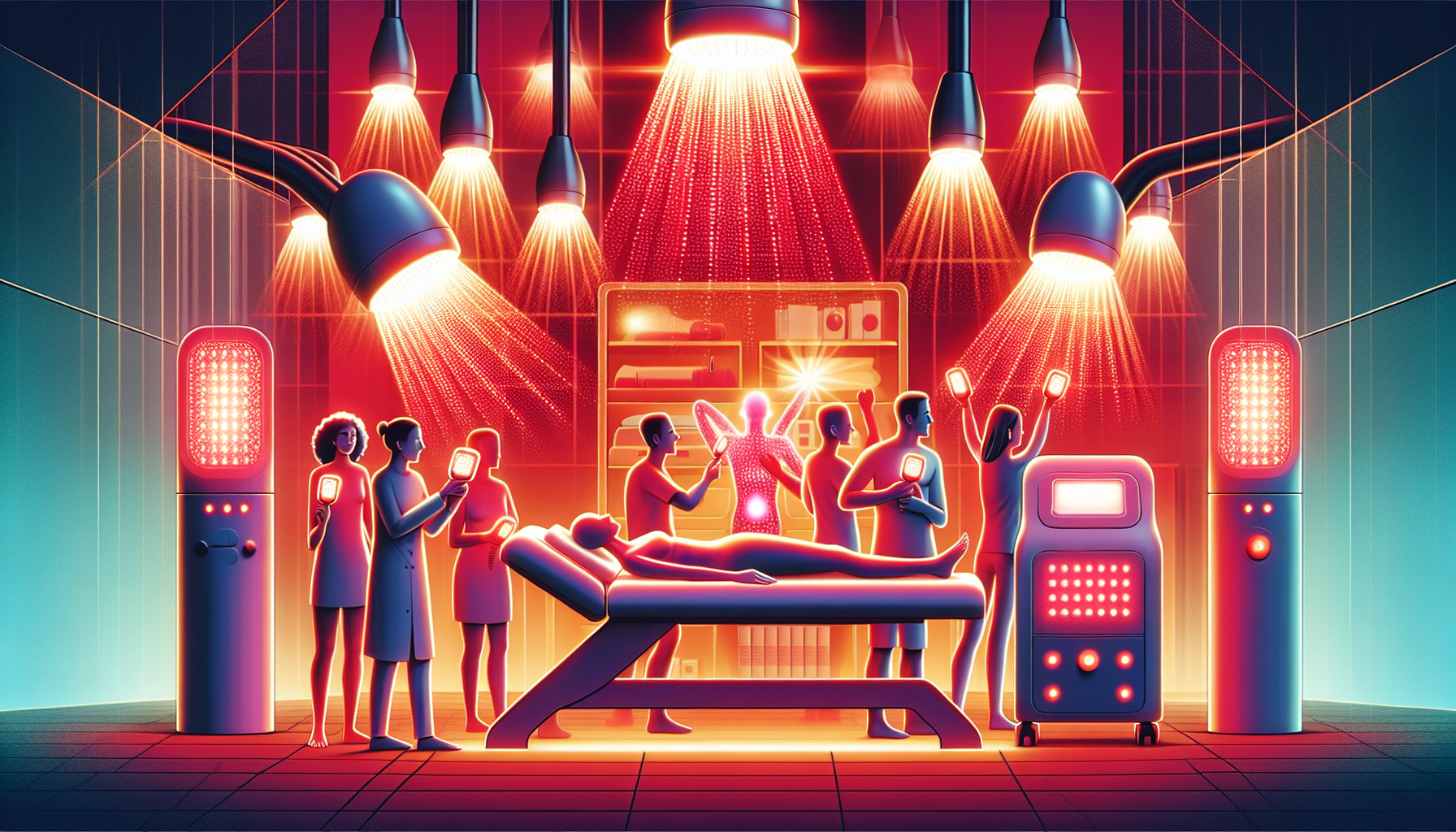 An illustration depicting various red light therapy devices and treatments.