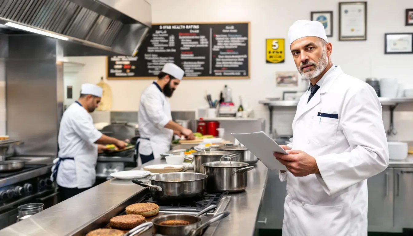 A health inspector conducts a restaurant health inspection, examining food preparation areas and storage to ensure compliance with safety standards and prevent food contamination. The inspector checks for potential violations that could lead to foodborne illness, while employees assist in the process to maintain a safe environment for customers.