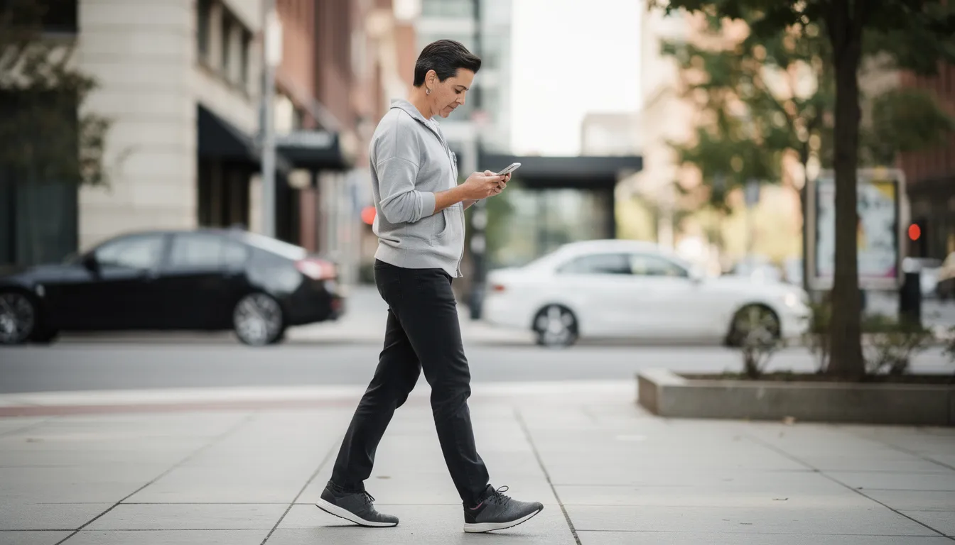 En person går utomhus och använder sin mobiltelefon, antagligen för att kolla på något spännande, kanske en live chatt hos jubla casino. Det är en solig dag och omgivningen ser livlig ut med andra människor som rör sig omkring.