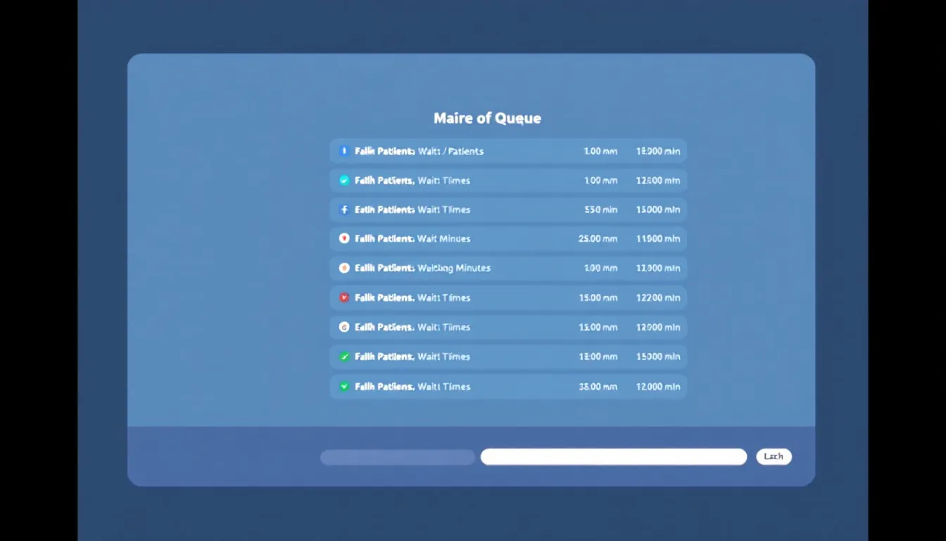 The image displays a virtual waiting room interface, featuring a patient queue with estimated wait times, designed for healthcare providers to enhance patient management and experience during telehealth services. This platform ensures HIPAA compliance and facilitates secure video conferencing for virtual consultations with medical specialists.