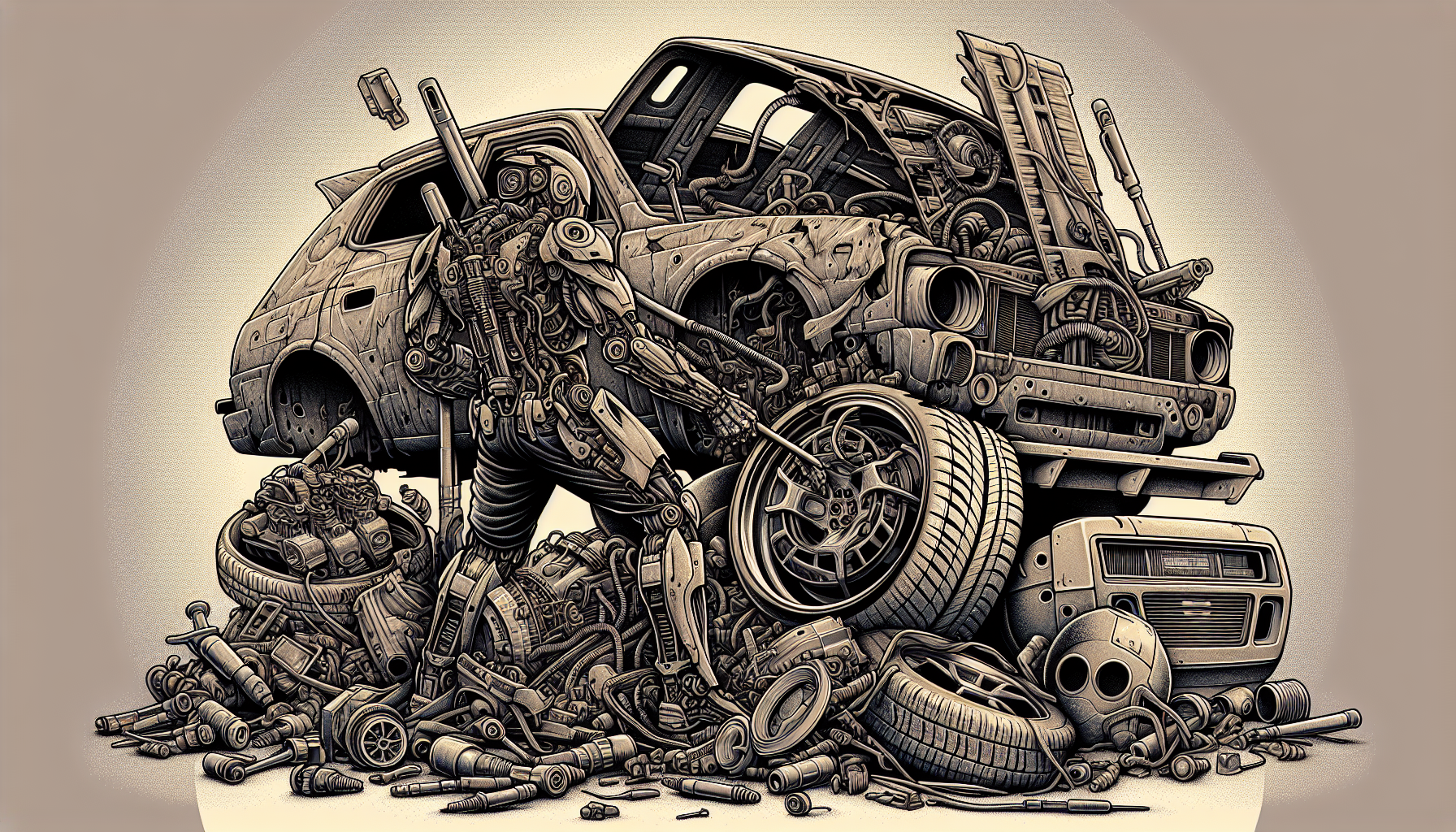 Illustration of a person removing valuable parts from a junk car