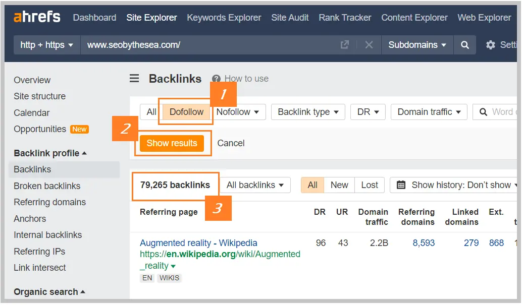 ahrefs site explorer check all do follow backlinks