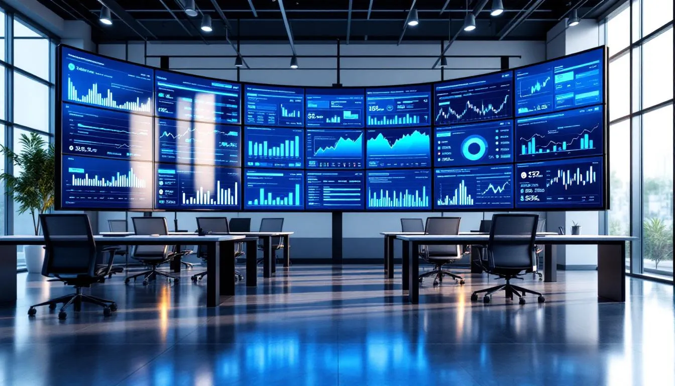 In a modern office space, multiple screens are displaying intricate financial data analytics and AI-powered dashboards, showcasing the latest trends in embedded finance solutions. The environment reflects a focus on integrating financial services directly into everyday platforms, enhancing customer engagement and improving the overall customer experience.