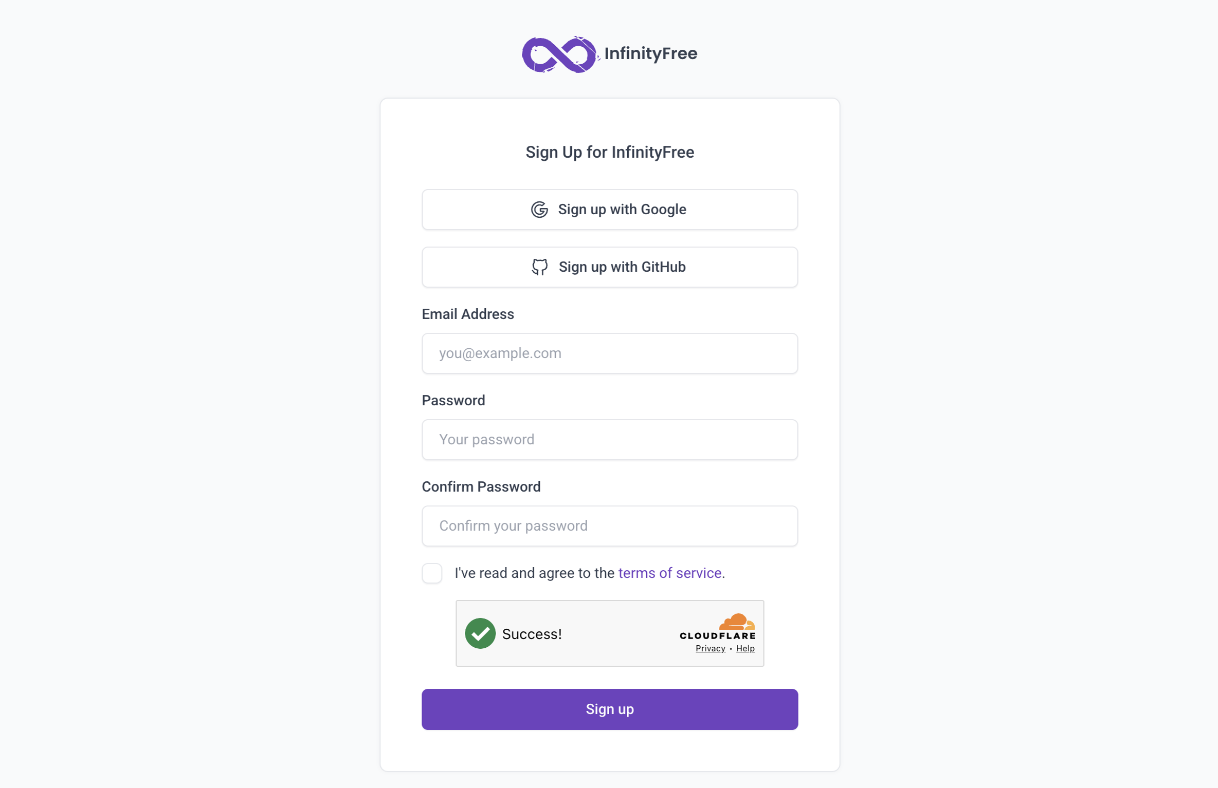 InfinityFree registration page.