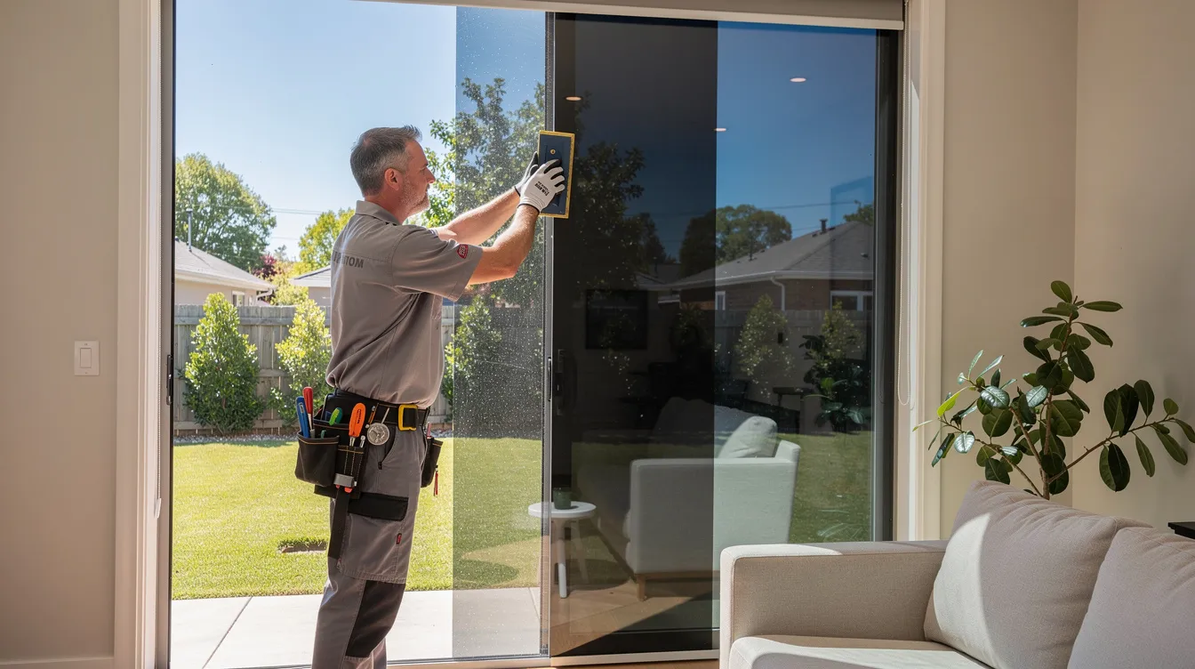 A service professional is applying tinted film to a large residential window on a sunny day, demonstrating the maintenance services offered by a home services franchise. This image reflects the commitment to providing high-quality solutions for homeowners and commercial clients alike.
