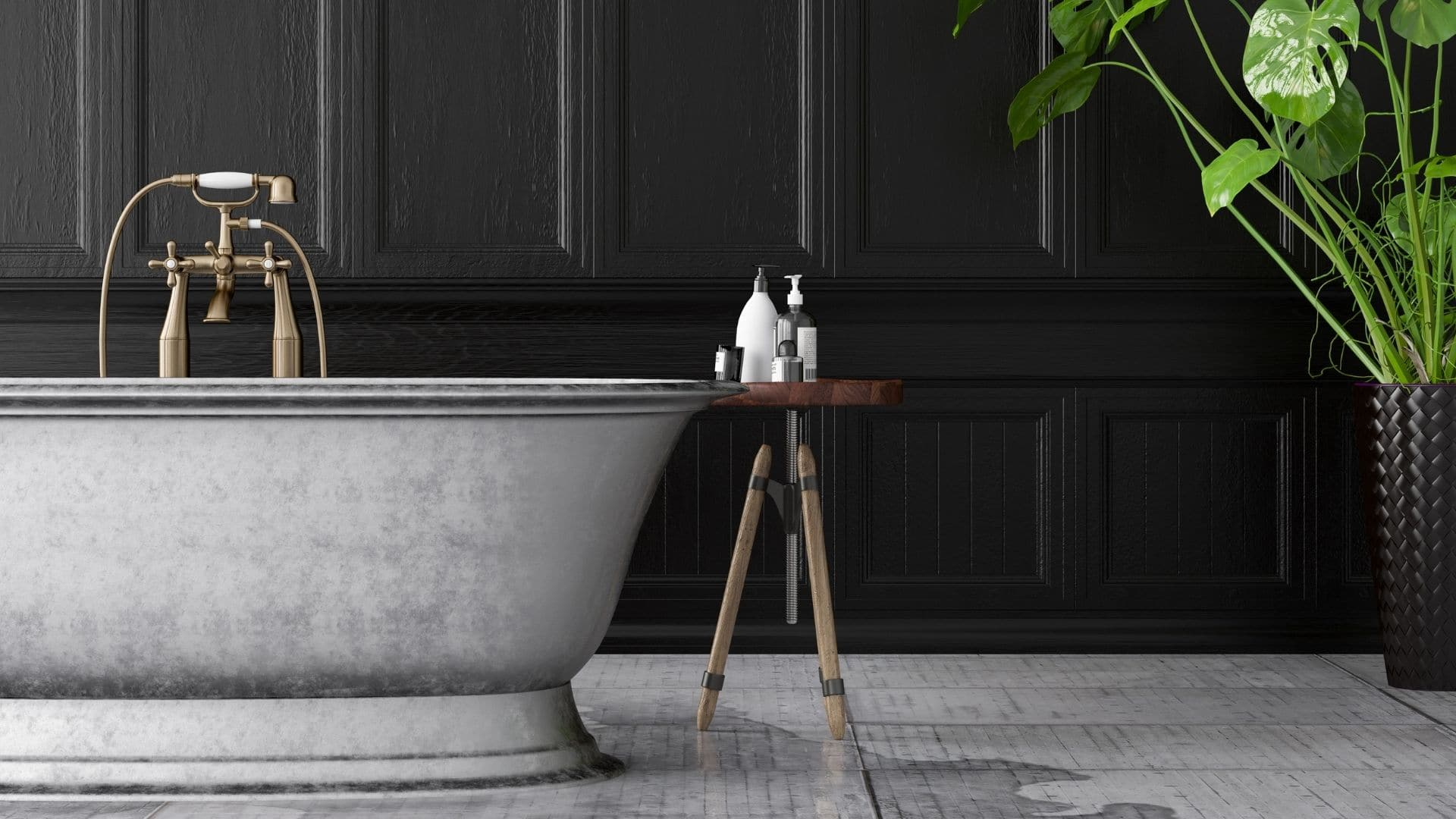 Black bathroom with tub