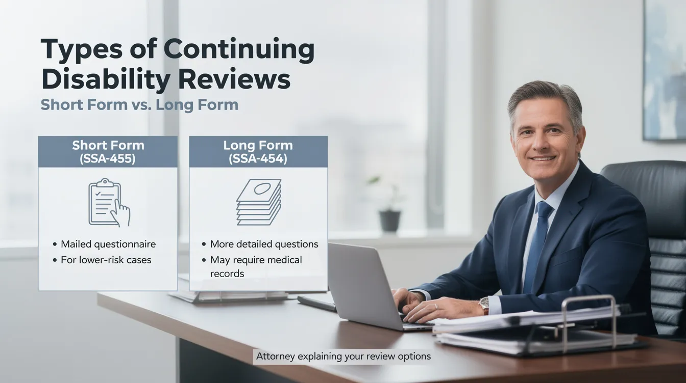 An attorney is presenting information about the two types of Continuing Disability Reviews: Short Form and Long Form, which are essential processes for individuals receiving social security disability benefits. The discussion emphasizes the importance of providing updated medical records and understanding the review process to maintain eligibility for benefits.