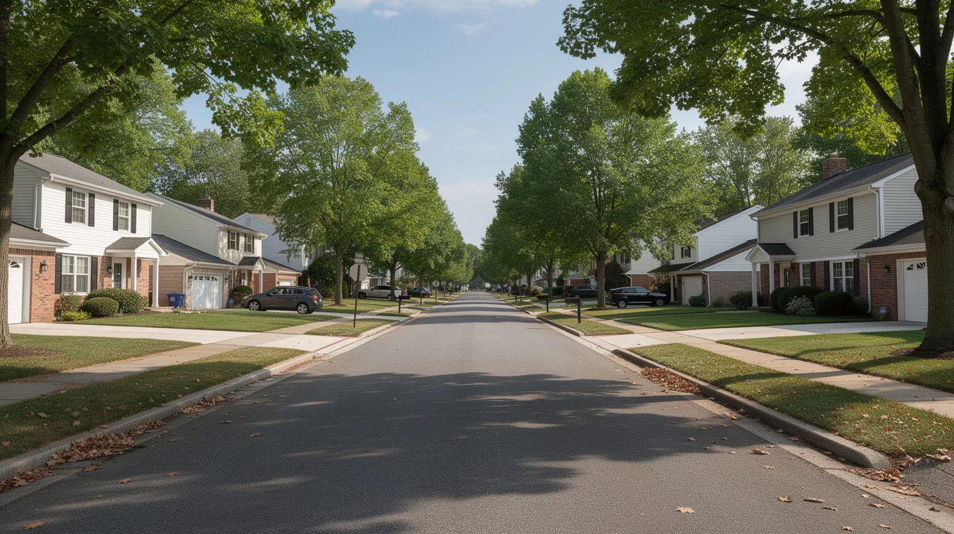 The image depicts a peaceful residential street in Delaware, lined with charming houses and tall trees providing shade. This inviting neighborhood setting highlights the community's character, perfect for those considering reliable Delaware car shipping services.
