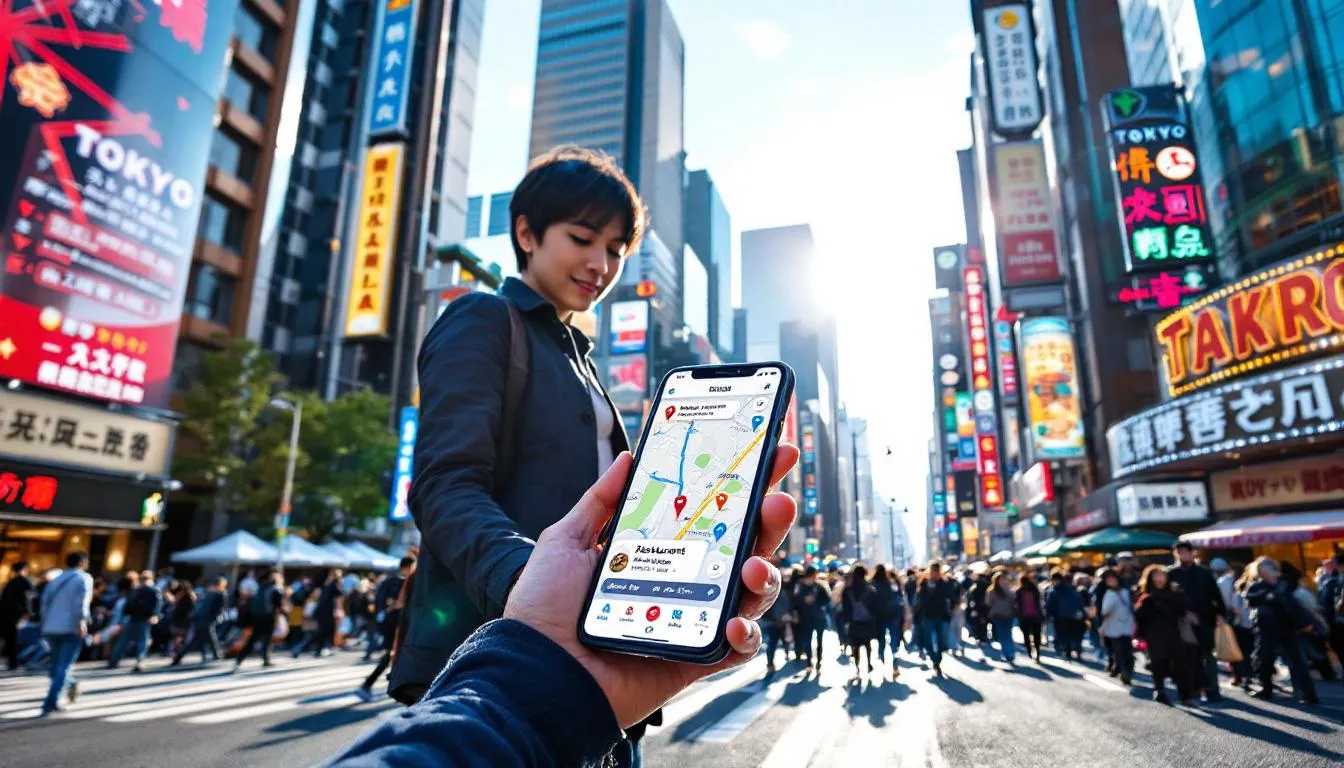 A person stands on a bustling Tokyo street, focused on their smartphone as they check restaurant locations on a map, searching for vegan options among the city's vibrant culinary scene. The image captures the essence of exploring Tokyo's vegan restaurants, where traditional Japanese cuisine meets plant-based delights.