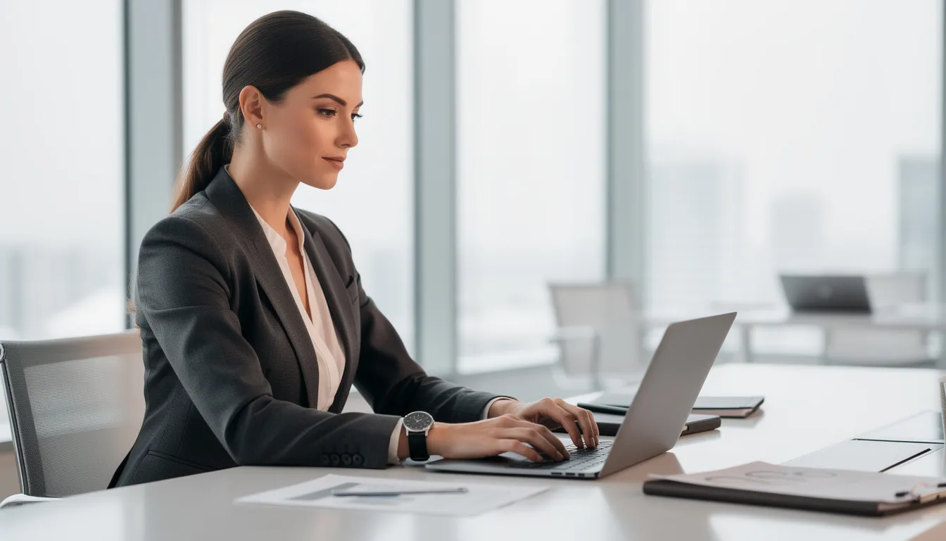 An elegant professional woman in business attire sits at a modern desk, wearing a sophisticated luxury watch that complements her personal style. This image reflects the rising demand in the women's watch market, showcasing the blend of fashion and functionality that defines the luxury watch segment.
