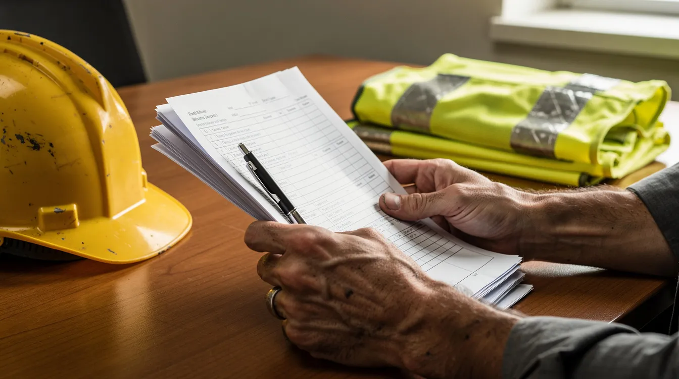 A close-up of a contractor's hands holding construction contract documents at a desk, with a hard hat and safety vest nearby, highlighting the essential paperwork involved in managing risks and responsibilities within construction projects. The scene emphasizes the importance of documentation in ensuring project completion and compliance with quality standards.