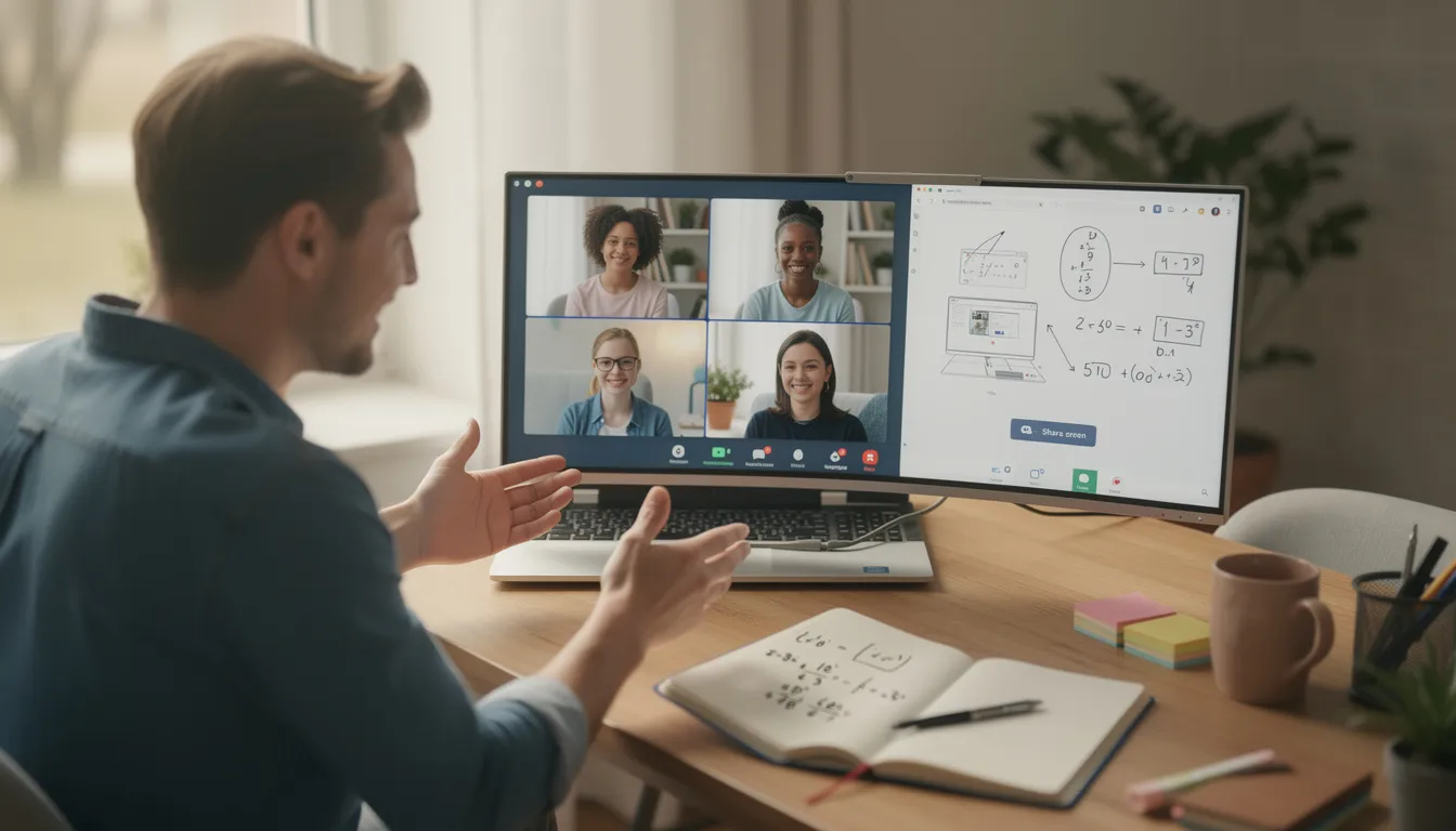 Das Bild zeigt eine Online-Nachhilfestunde, bei der ein Schüler bequem von zu Hause aus mit einem Online-Nachhilfelehrer lernt. Auf dem Bildschirm sind Lernmaterialien und ein Videoanruf zu sehen, während der Tutor den Schüler bei seinen Fragen unterstützt.