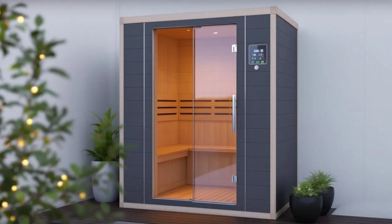 The image depicts a modern energy-efficient home sauna, featuring sleek design elements and infrared heating technology. It showcases a compact indoor sauna equipped with infrared heaters, designed for optimal heat distribution and therapeutic benefits during sauna sessions.