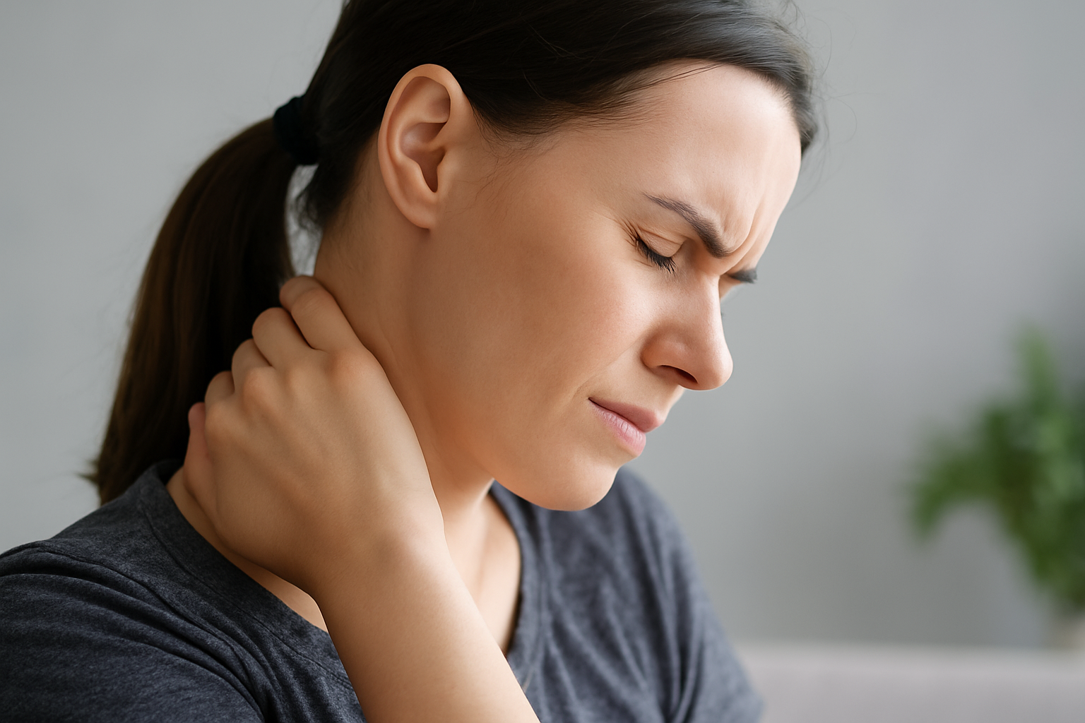 Vondt i nakke? Årsaker, øvelser og behandling som faktisk virker 3 "Kvinne holder nakken med smerte, lukker øynene, viser ubehag i nakken, naturlig lys, nøytral bakgrunn, 16:9 format."