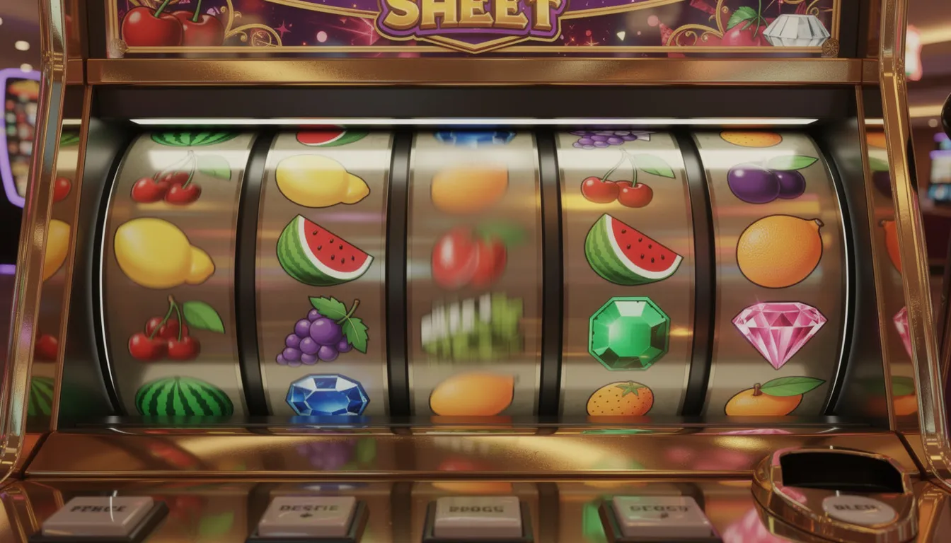 En färgglad spelautomat visar snurrande hjul med olika fruktsymboler och ädelstenar, vilket skapar en livlig atmosfär för spelare hos Ahti Games. Denna typ av spel är populär inom online casino och erbjuder många möjligheter till bonusar och vinster.