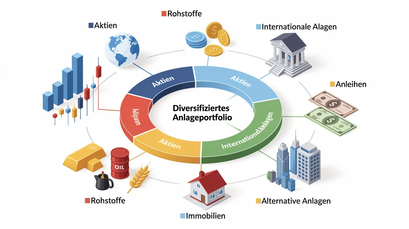Das Bild zeigt eine grafische Darstellung eines diversifizierten Anlageportfolios, das verschiedene Anlageklassen wie Aktien, Indizes und Zertifikate umfasst. Der Anleger erhält durch diese Strategie die Möglichkeit, von unterschiedlichen Marktphasen zu profitieren und das Risiko von Kursverlusten zu minimieren, während er die Chance auf eine attraktive Bonusrendite nutzt.