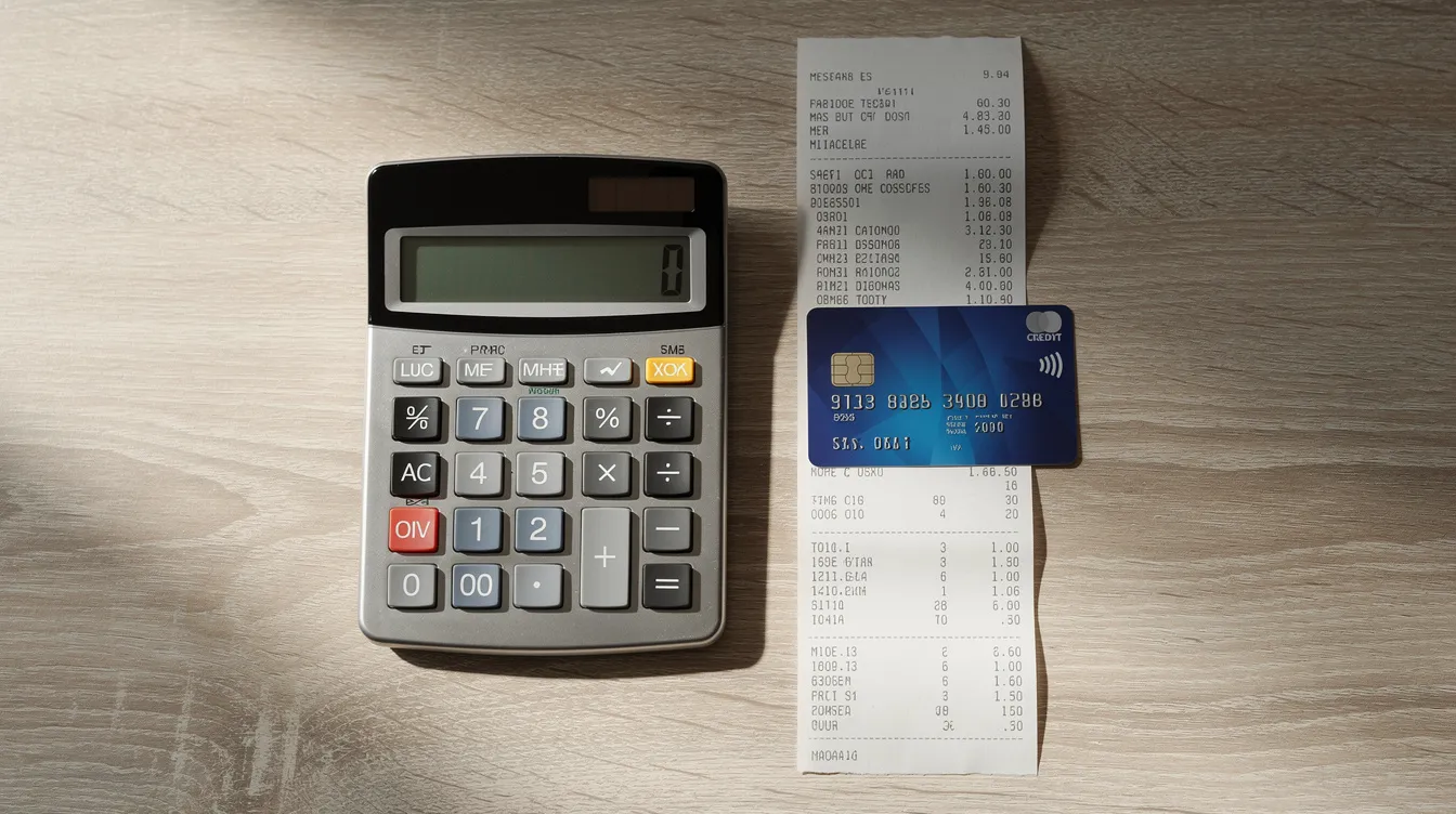 The image features a calculator alongside a credit card and a receipt, all placed on a wooden desk, symbolizing the process of managing payments and transactions. This setup reflects the various payment options available for online businesses, including credit card payments and digital wallets.