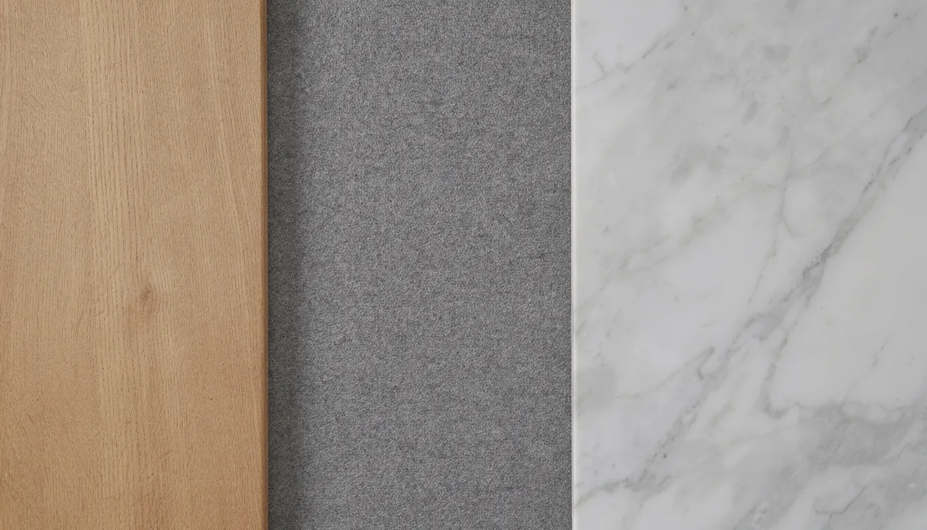 Een close-up van verschillende wandpaneelmaterialen toont houtfineer, akoestisch vilt en marmerlook, die samen een esthetisch aantrekkelijke en moderne uitstraling creëren. Deze wandpanelen zijn ideaal voor snelle renovaties en bieden diverse afwerkingen voor elke persoonlijke smaak.