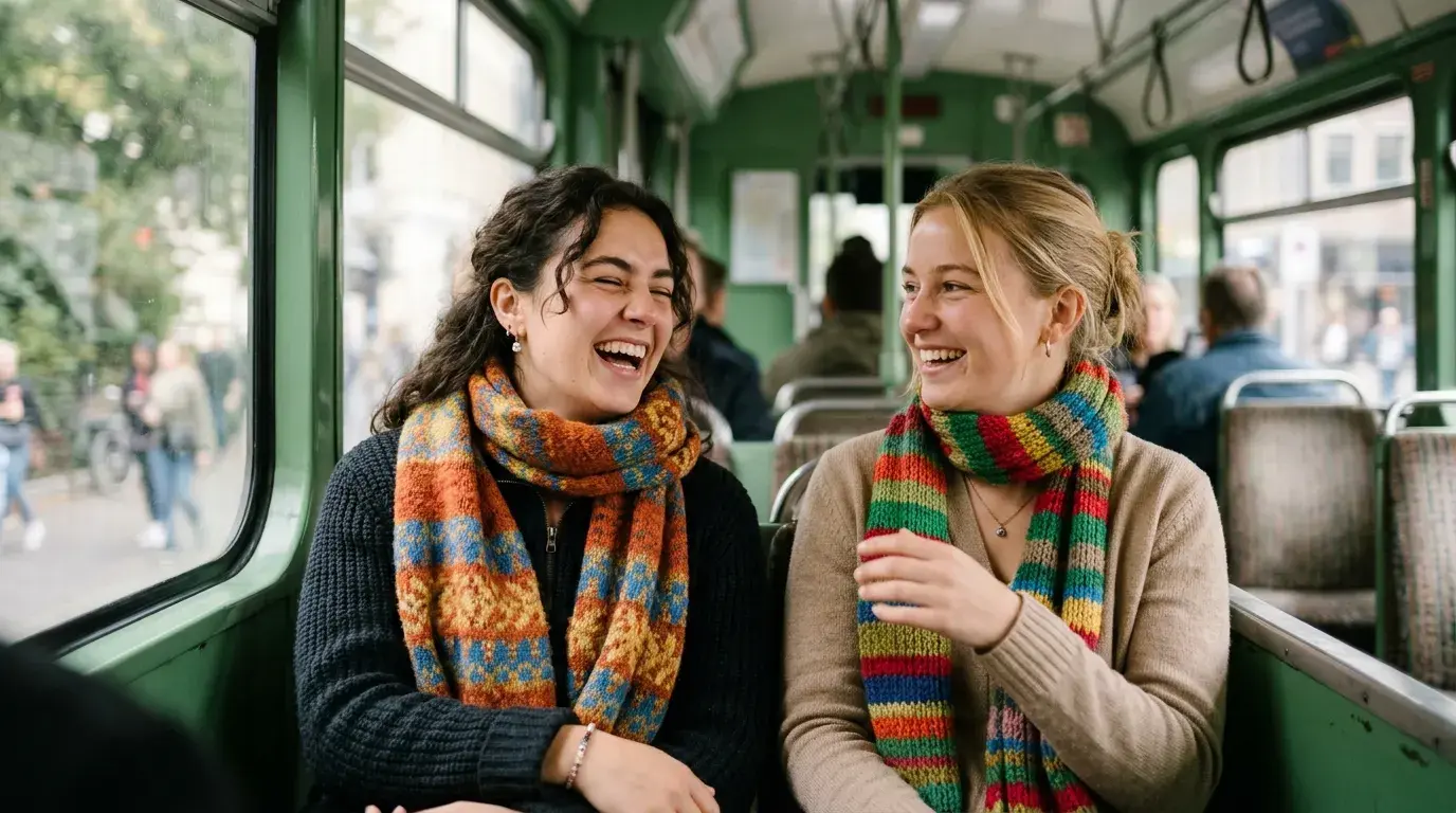 Two international students on a Polish tram reviewing their travel plans for the visa form