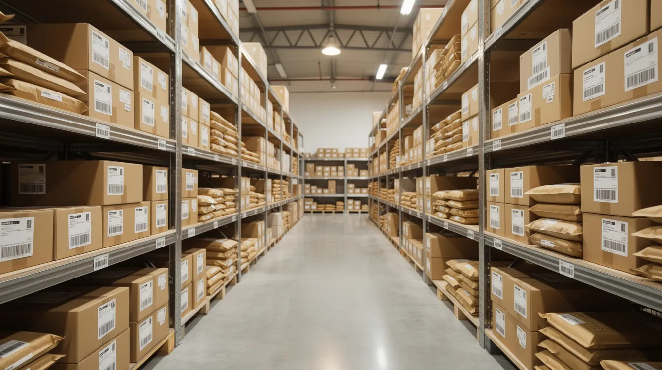 91b4d3e8 94a0 4e84 85e6 e0101cd812dd The image depicts rows of neatly packaged products on shelves within a small warehouse, ready for e-commerce shipping. This setup highlights a potential business venture for aspiring entrepreneurs looking to enter the online retail market.