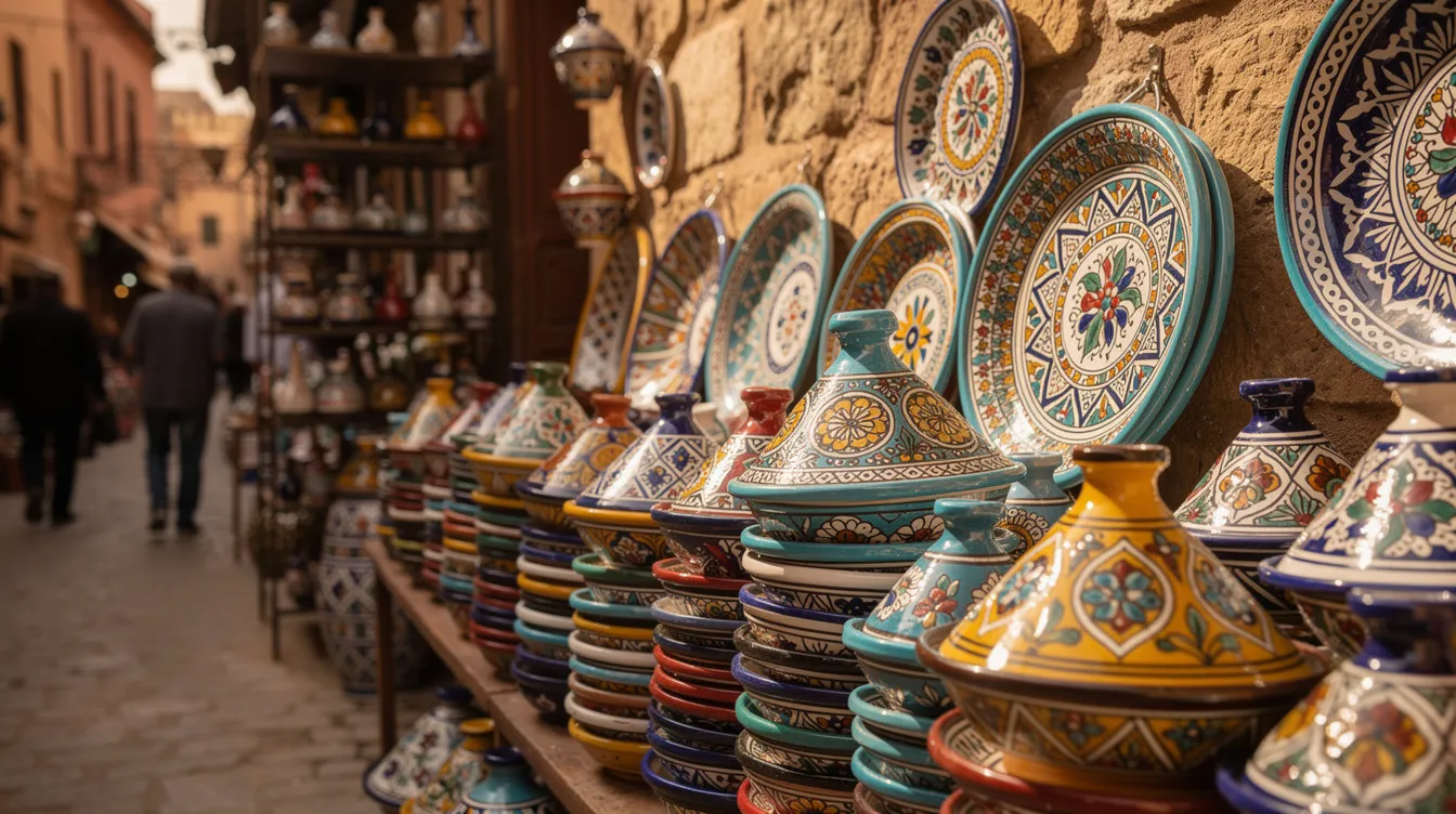The image showcases a vibrant display of colorful Moroccan ceramics and pottery in a traditional market, reflecting the rich cultural heritage of Morocco. These intricate pieces highlight the artistic craftsmanship that is a significant part of Moroccan culture, often influenced by both Arab and Berber traditions.