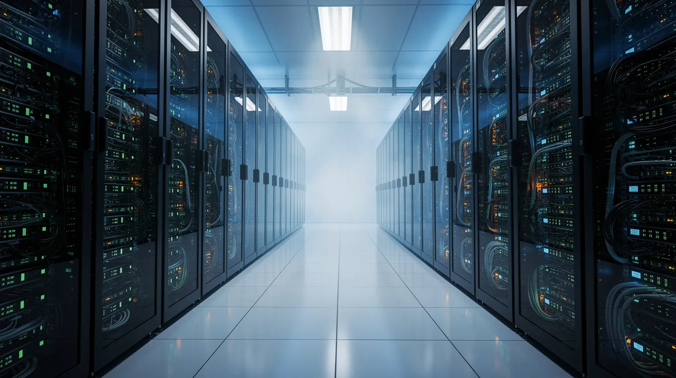 Nowoczesna serwerownia z rzędami szaf rackowych, w której migające diody LED tworzą niebieskie oświetlenie, symbolizuje zaawansowane technologie wykorzystywane w chmurze obliczeniowej oraz systemach ERP. W tle widać elementy infrastruktury, które zapewniają maksymalną dostępność usług i bezpieczeństwo danych.