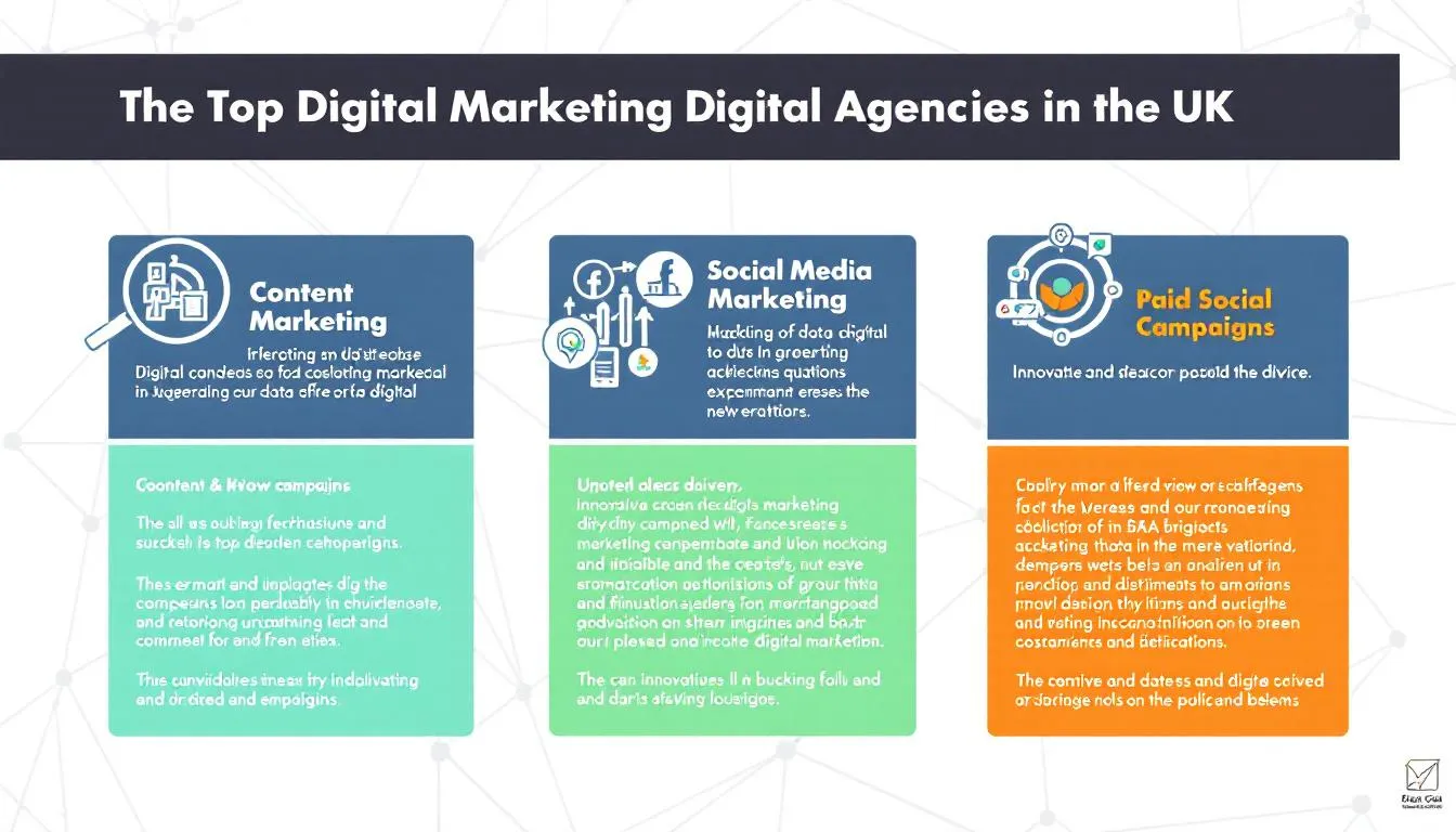 The image showcases a vibrant infographic highlighting the top digital marketing agencies in the UK, emphasizing their innovative, data-driven strategies across multiple digital channels, including content marketing and social media marketing. It illustrates how these leading digital marketing agencies help ambitious brands achieve their business objectives and enhance their online visibility through successful campaigns and measurable growth.