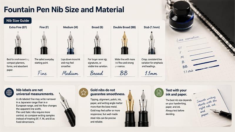 Fountain pen nib size and material guide showing EF, F, M, B, BB, and stub nib options with writing examples