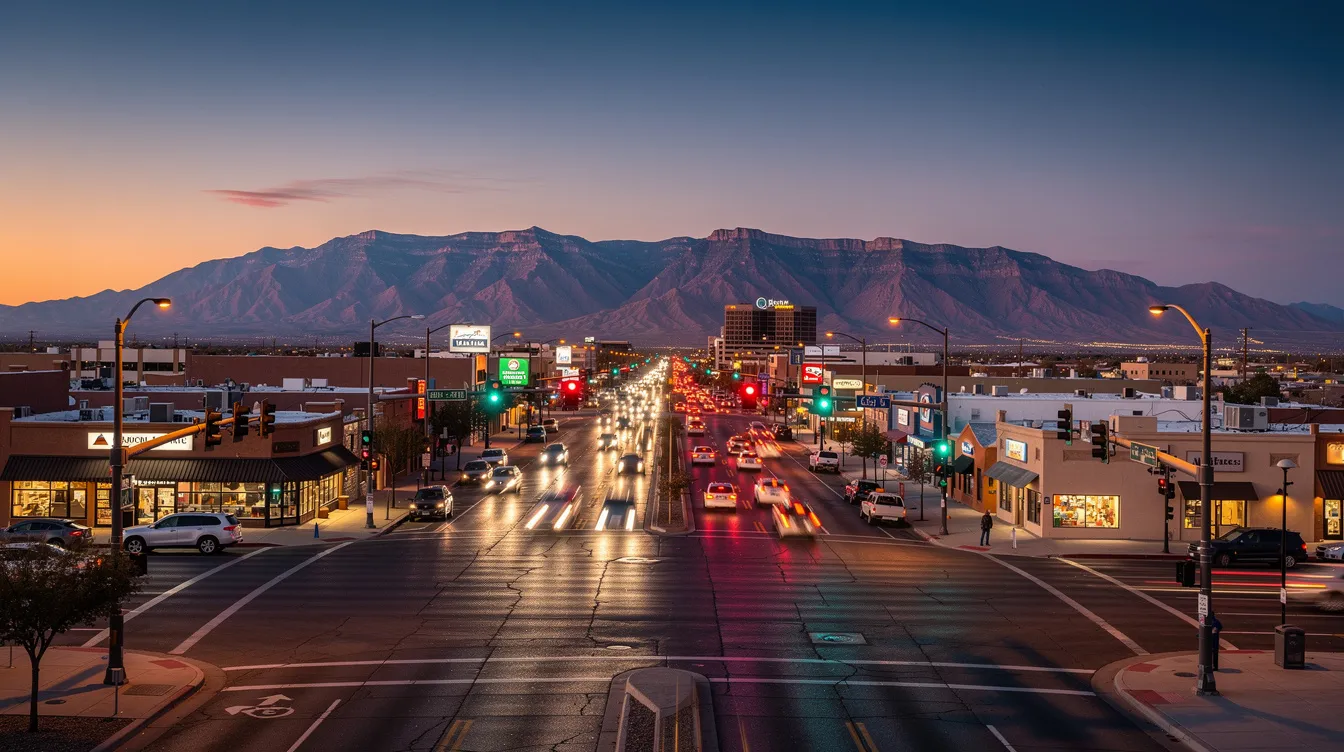 The image depicts a busy Albuquerque intersection at dusk, with cars navigating through traffic lights while the Sandia Mountains loom in the background. This scene captures the hustle of city life, where drivers may need to be cautious of potential hit and run accidents, emphasizing the importance of being aware of their surroundings and the legal implications of such incidents.